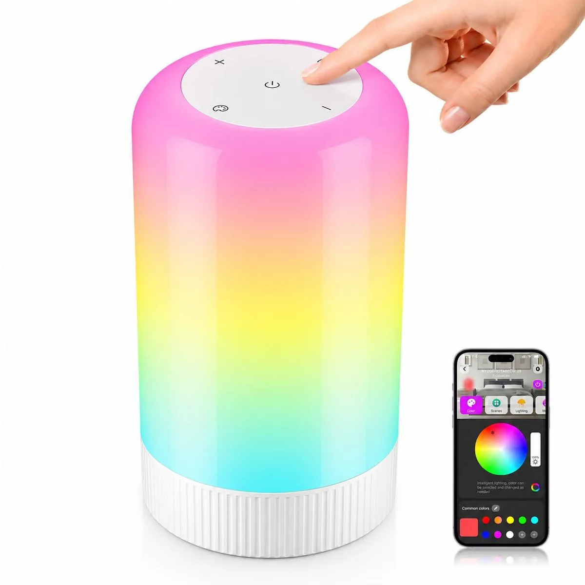 White cylindrical table lamp with plastic shade, touch control top, corded base
