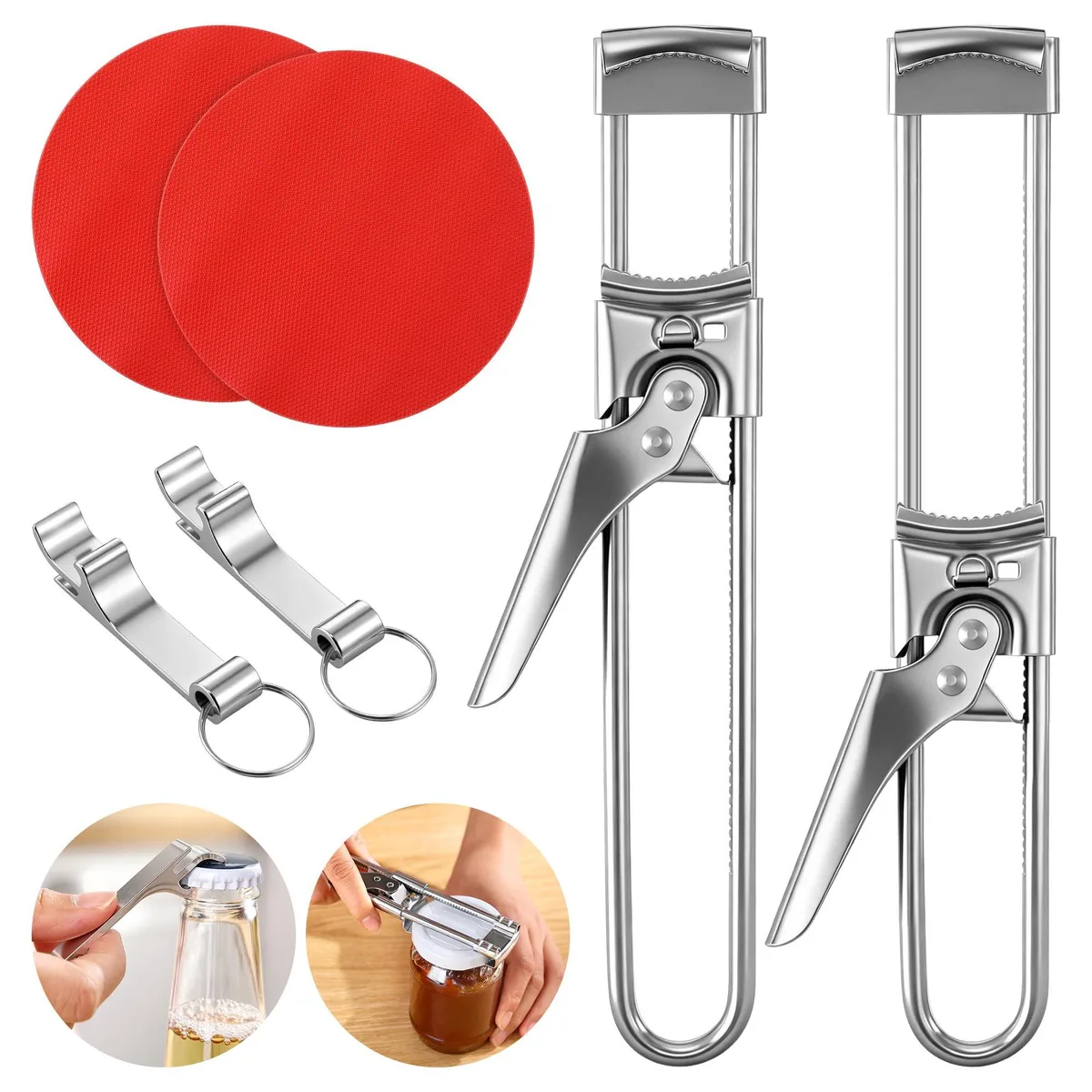 Two silver stainless steel jar openers with gripper pads and keychain bottle openers