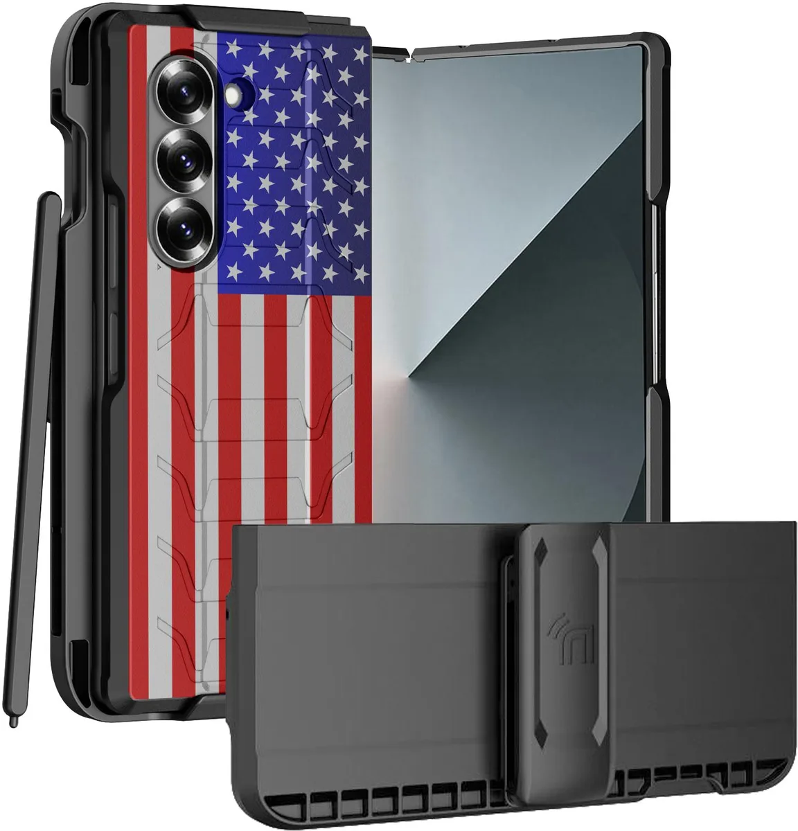 Nakedcellphone Nakedcellphone Case and Belt Clip with S Pen Holder for Samsung Galaxy Z Fold 6 USA Flag — product photo