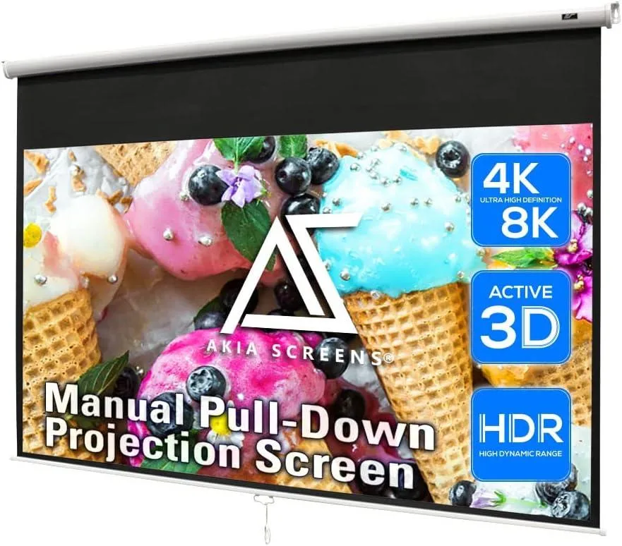 White rectangular pull-down projector screen in metal case, 100 inch diagonal, 16:9 aspect ratio, ceiling or wall mountable