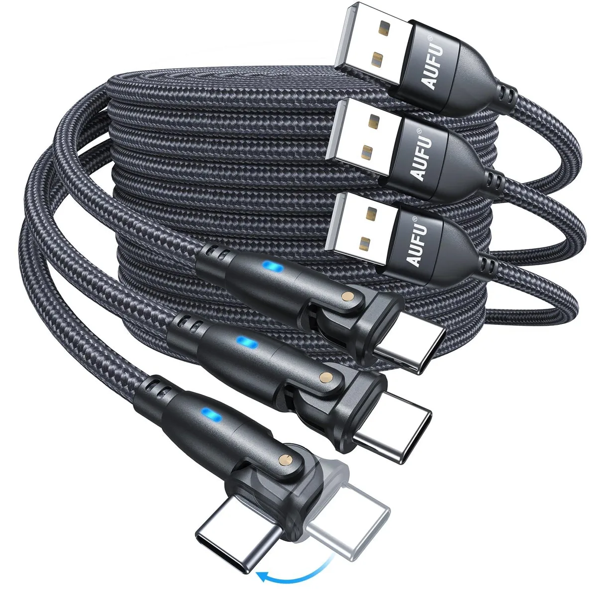 Three black braided USB-A to USB-C cables with 180-degree rotating L-shaped connectors, 6.6ft each