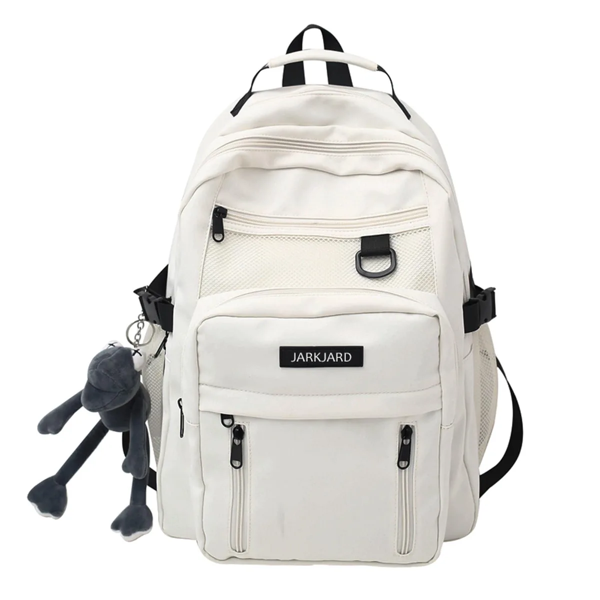 White 18-inch nylon daypack with front pendant, zipper pockets and padded shoulder straps