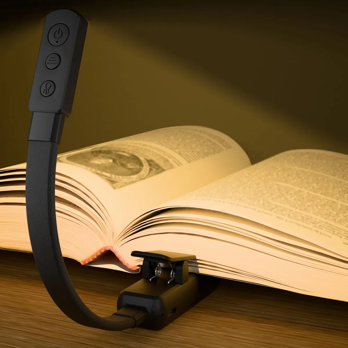 Black clip-on LED book light with adjustable neck and touch controls