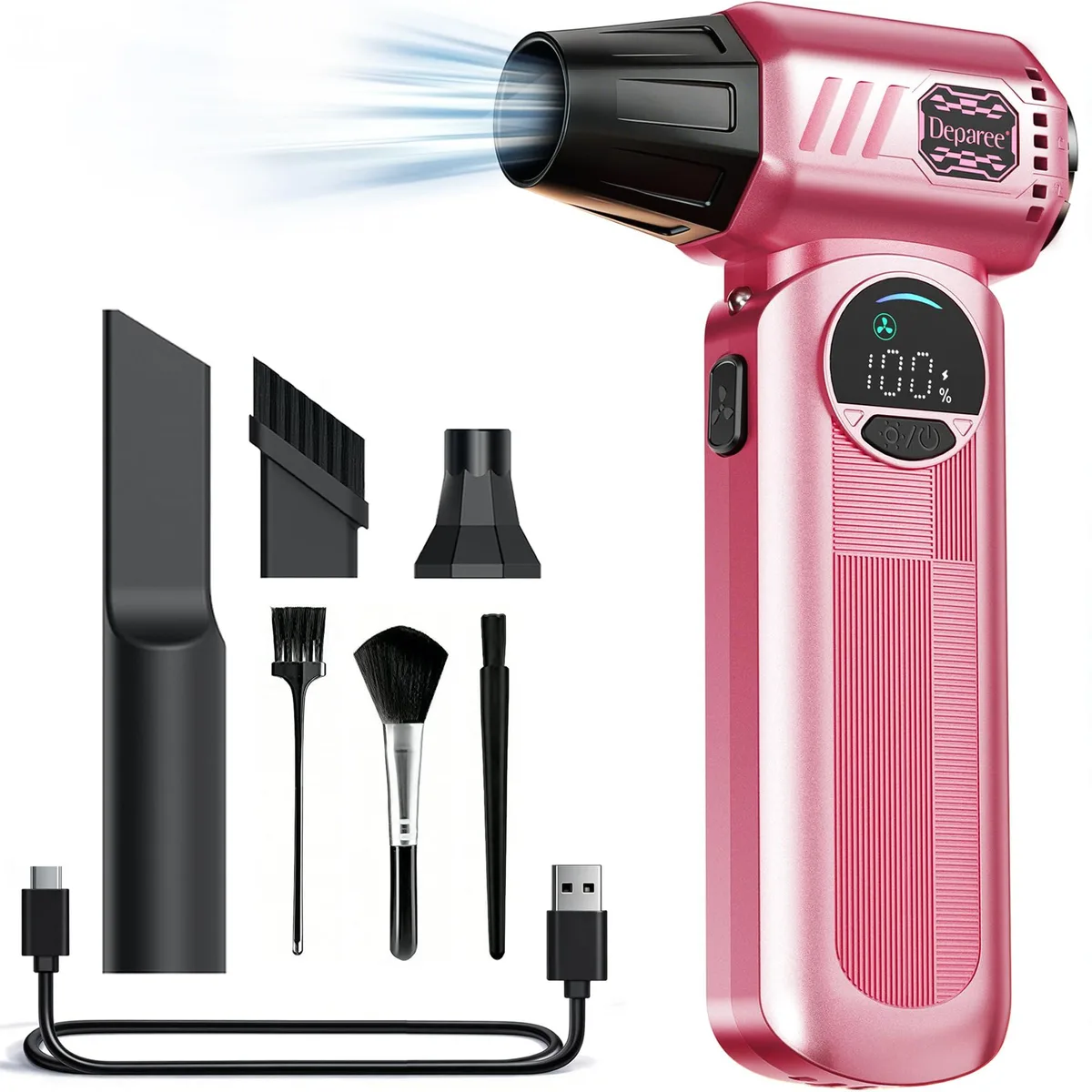 Pink cordless air duster with LED light and USB-C charging