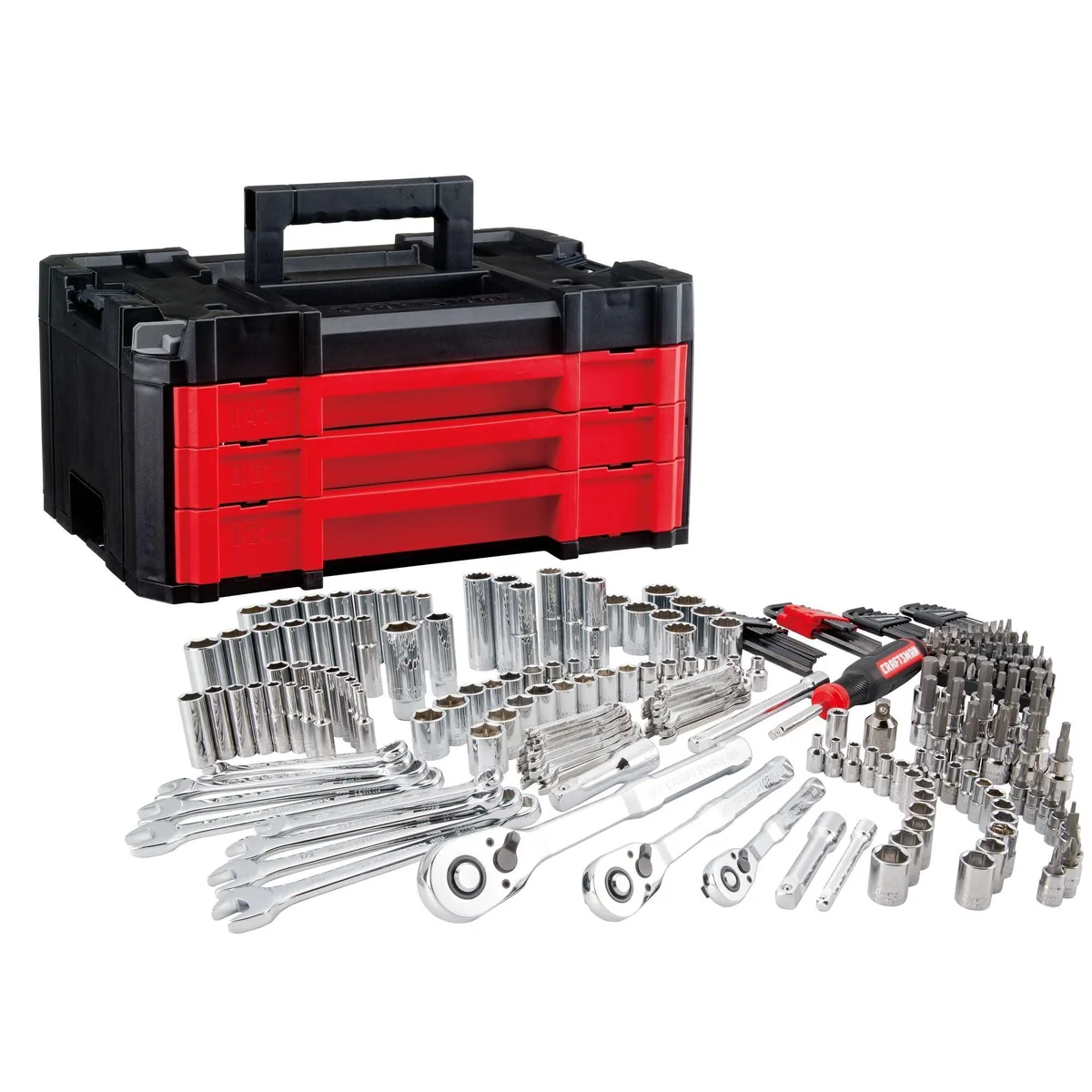 Red three-drawer VERSASTACK tool chest containing 262-piece mechanic set with sockets, ratchets, wrenches and bits