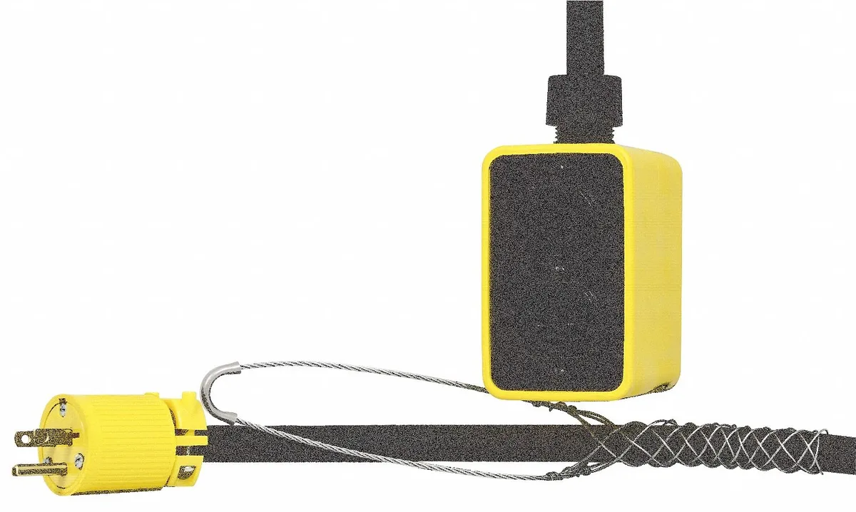 Black round rubber cord with yellow pendant box and four outlets