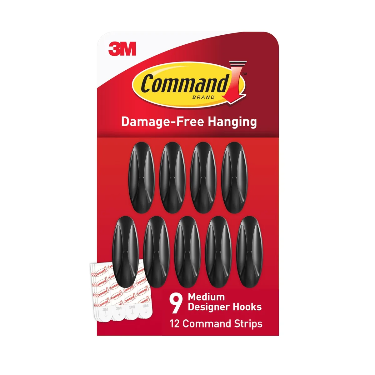 Black medium designer hooks, nine hooks with twelve adhesive strips