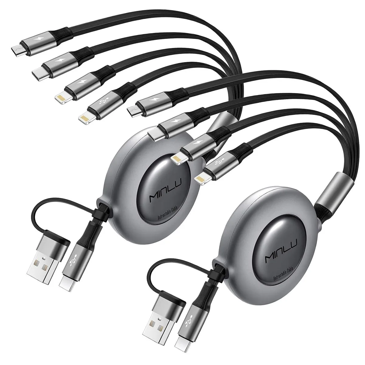 Two flat retractable cables with USB-A and USB-C plugs and four interchangeable tips