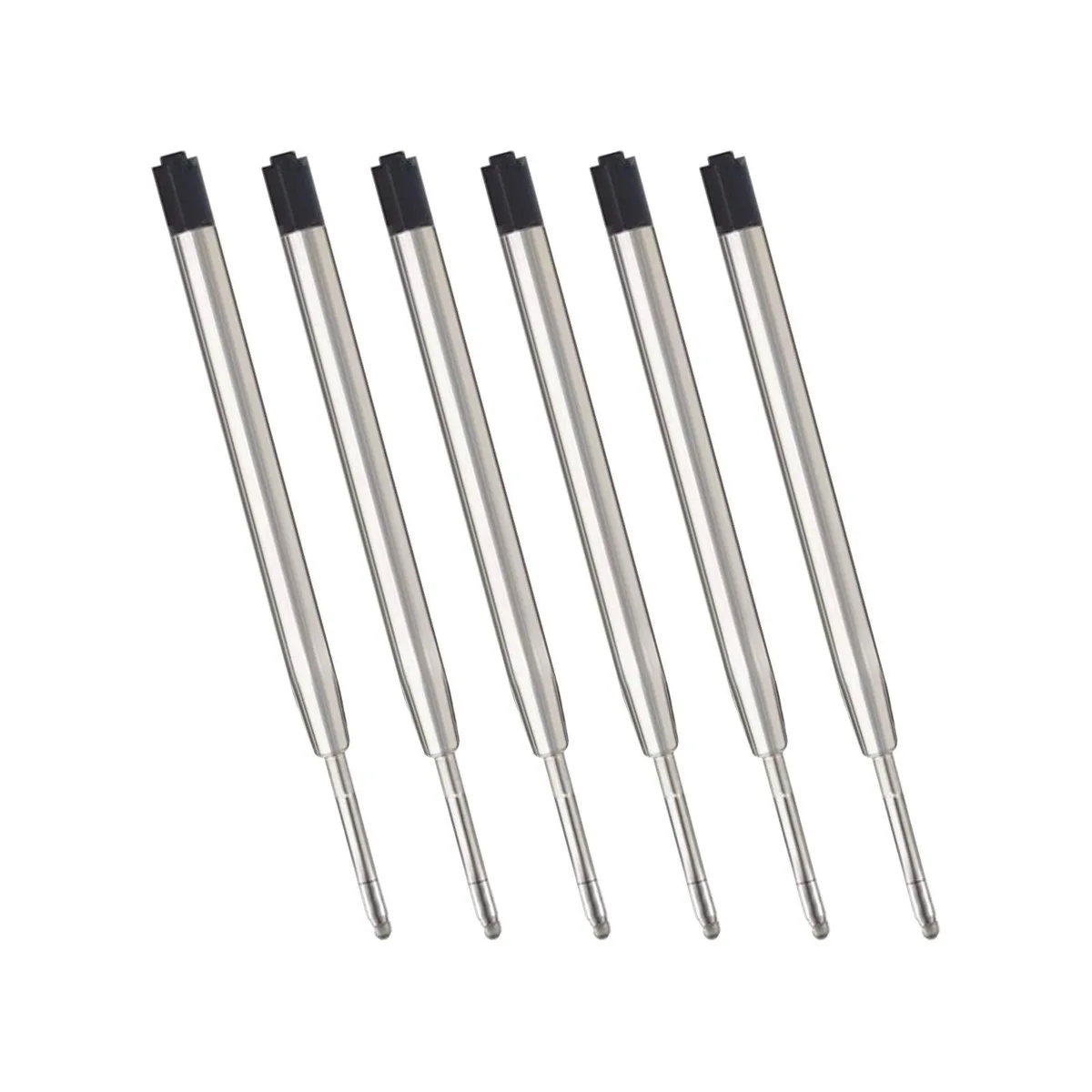 Six stainless steel ballpoint refills 3.9 inches long with 1.0mm medium black tips