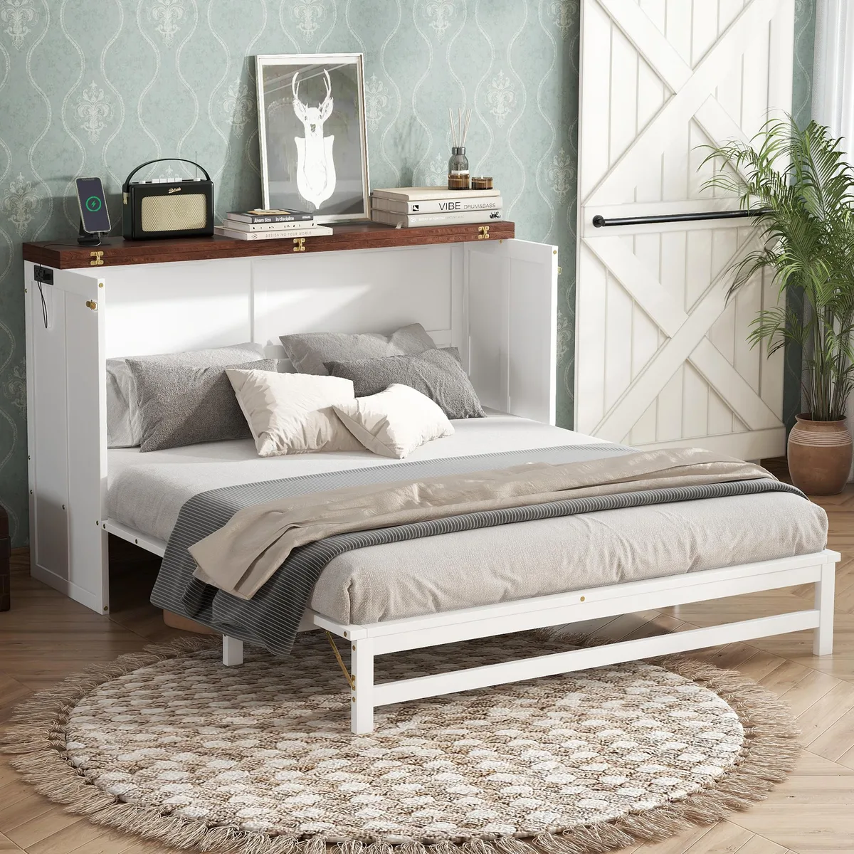 White and walnut Murphy bed cabinet queen with storage drawer and charging station