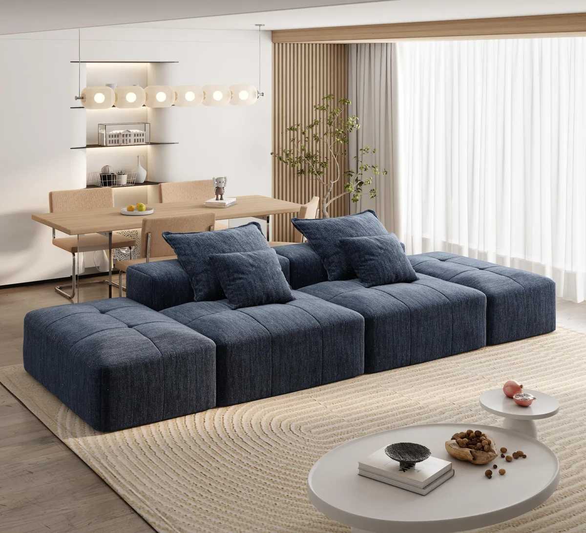 Blue modular sectional sofa with two ottomans, tufted chenille fabric, four pieces shown