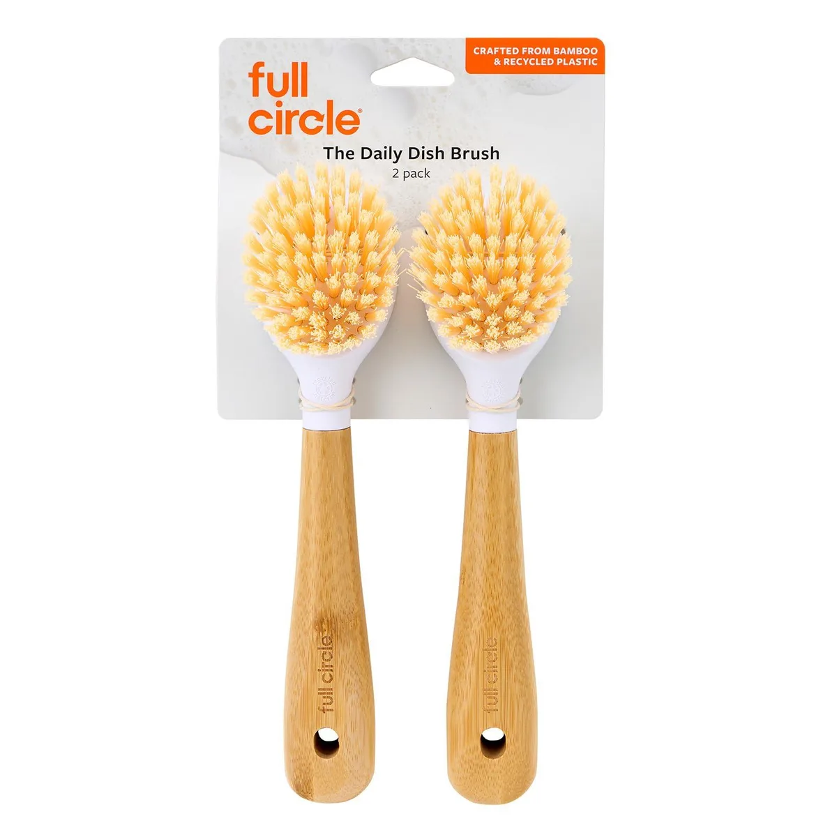 White dish brush with bamboo handle and metal scraper, 2.65 x 2.36 x 9.25 inches