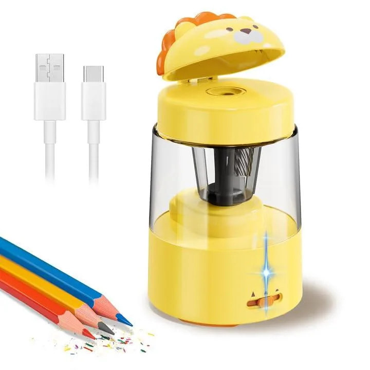 Yellow bunny-shaped electric pencil sharpener with ABS housing and stainless steel blade