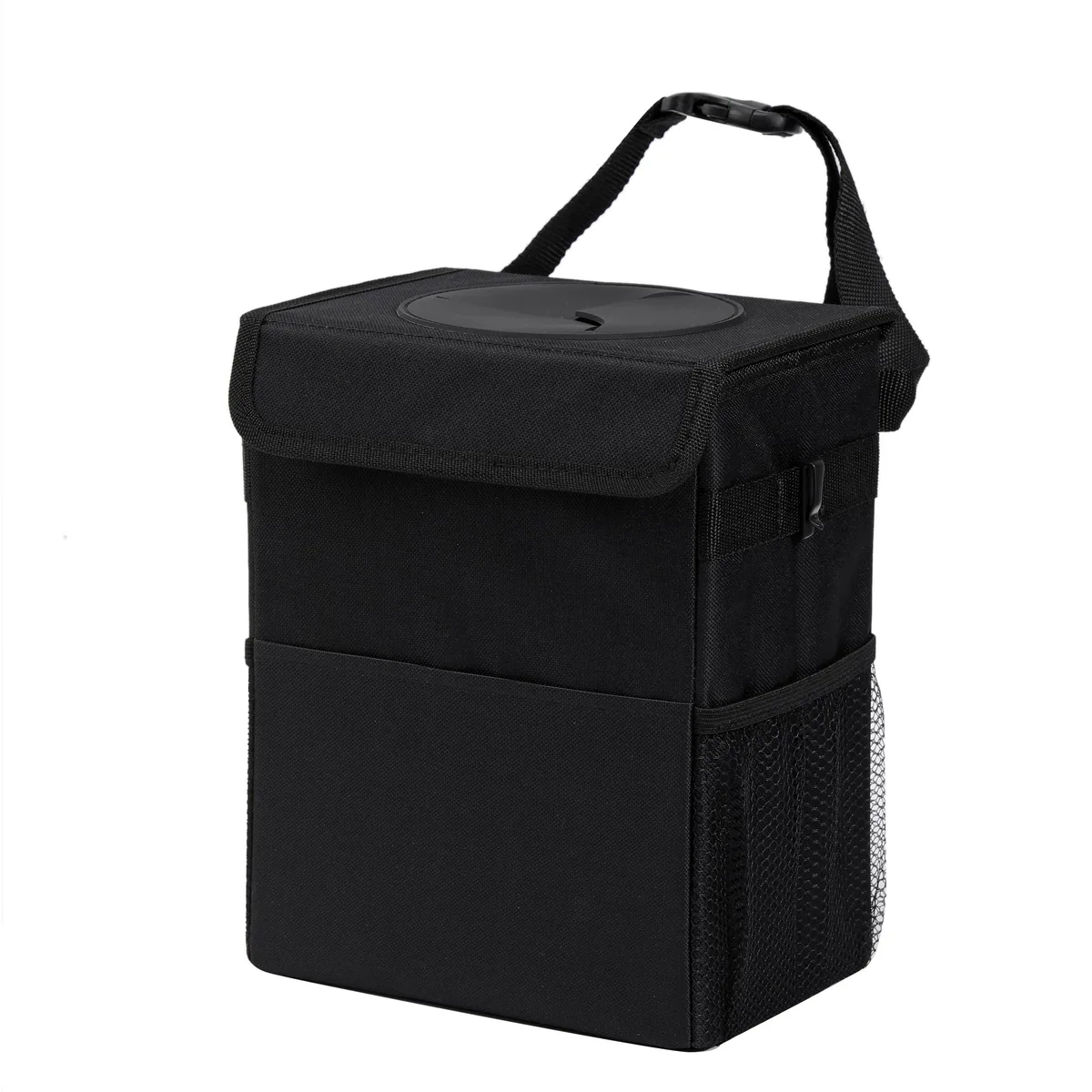 Three black car trash cans with lids and front pockets hanging side by side