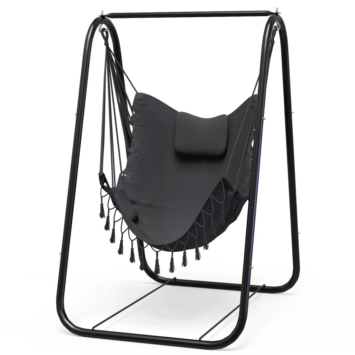 Grey hammock chair on U-shaped metal stand with pillow and side pocket
