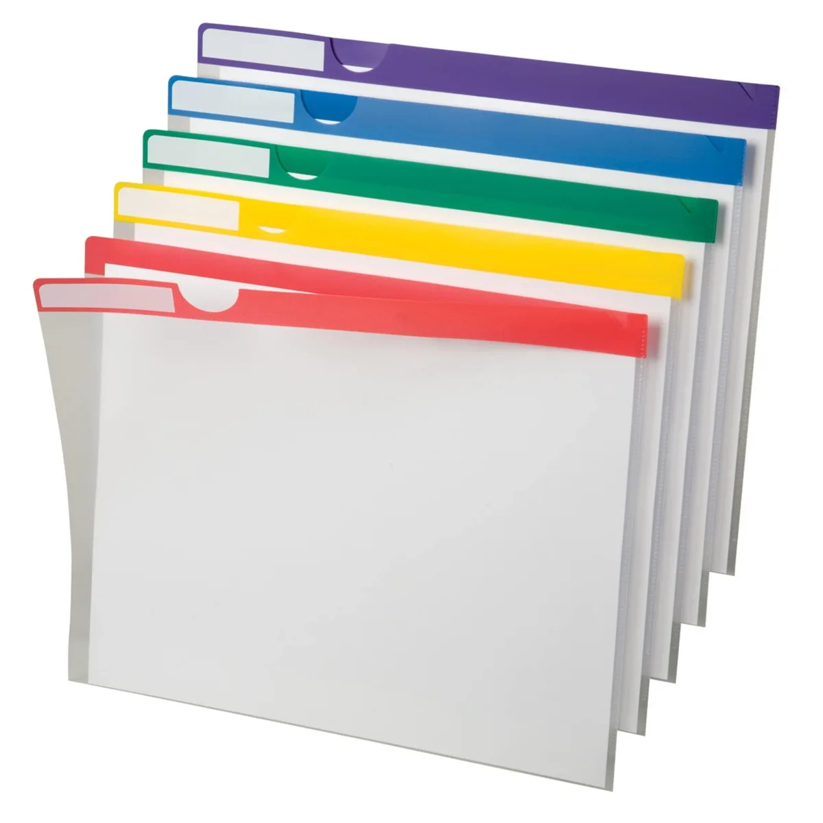 Ten clear poly folders with coloured tabs, letter size, assorted colours