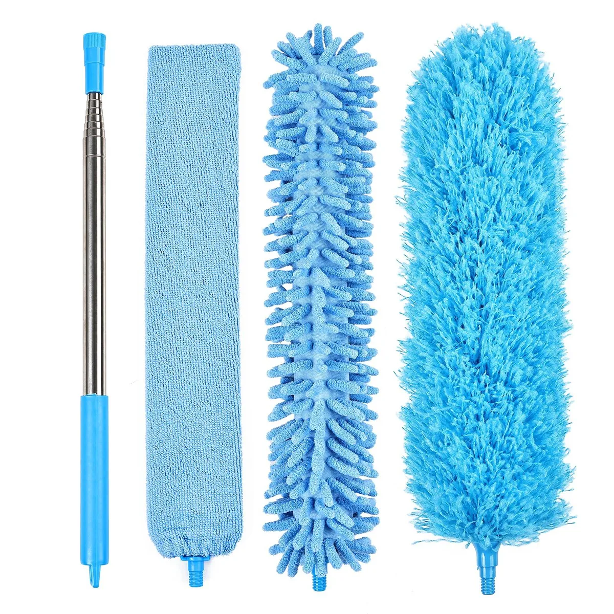 Four microfiber duster heads on a telescopic pole reaching 83 inches