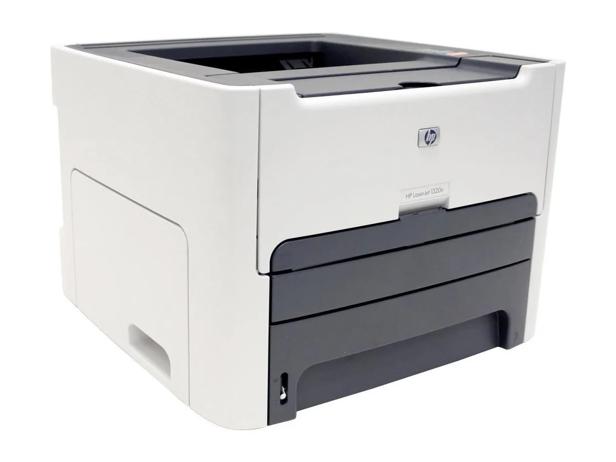 White boxy laser printer with front paper tray and Ethernet port