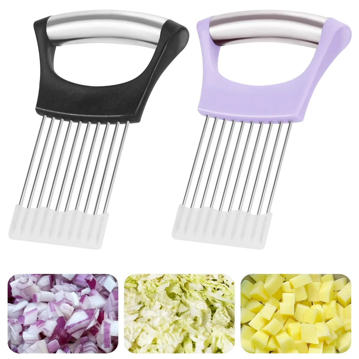 Two purple and black plastic onion slicer holders with stainless steel tines