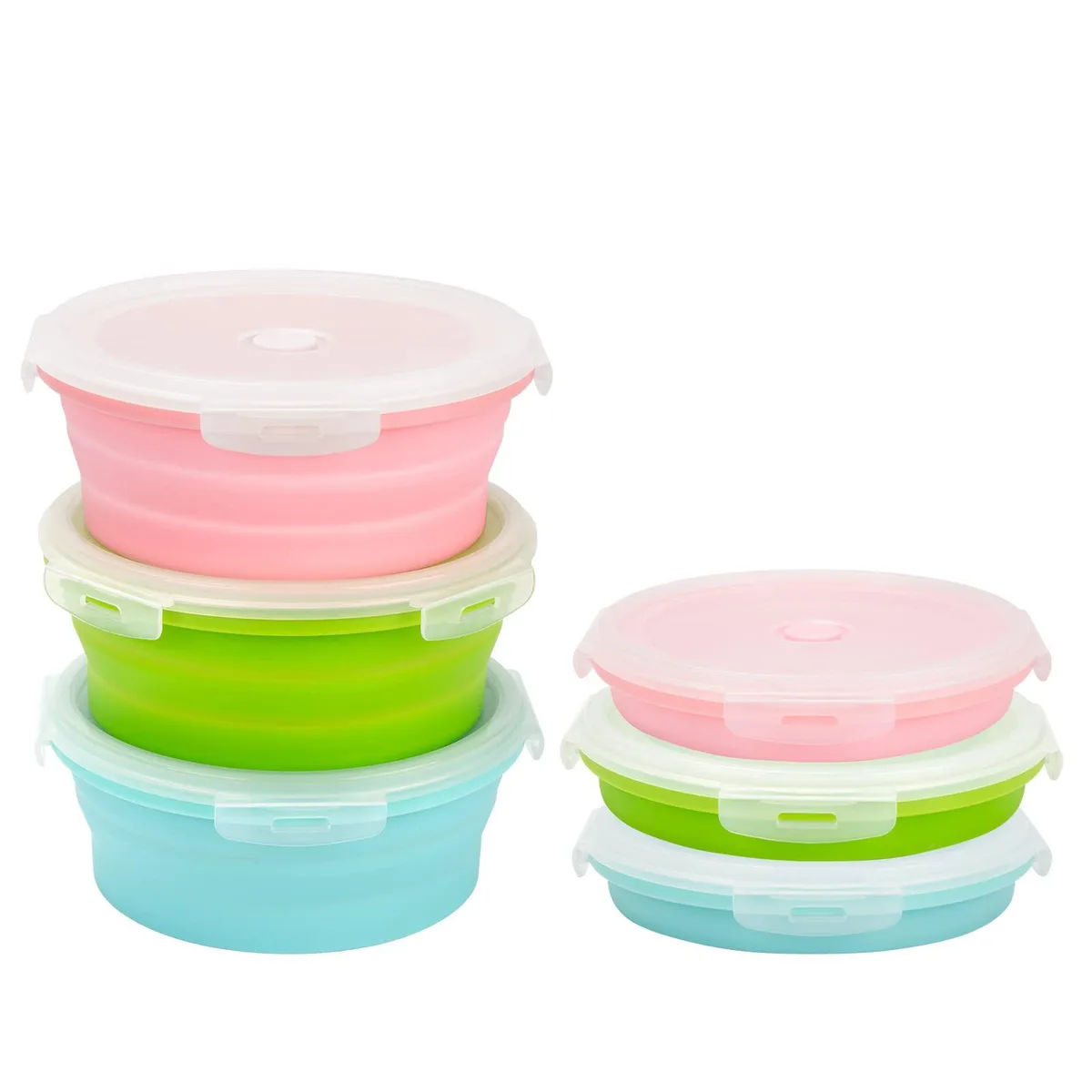 Three red collapsible silicone bowls with lids, folded flat