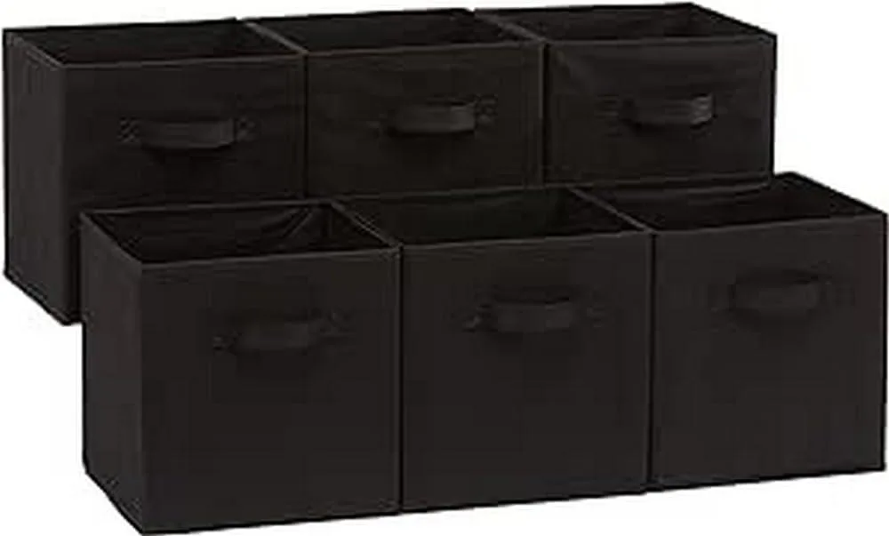 Six black fabric storage cubes with handles, folded flat