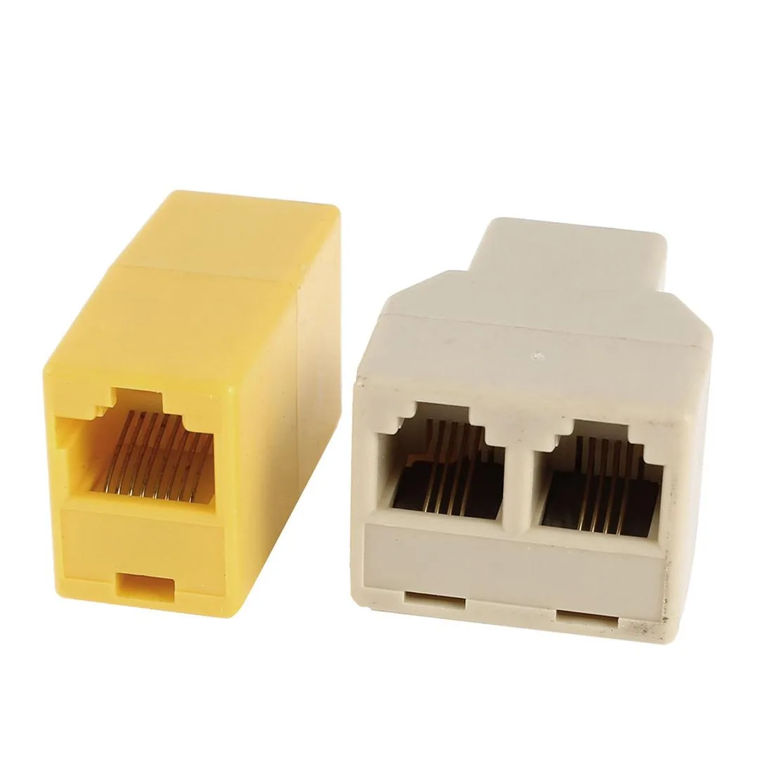 Two grey and yellow plastic wall-plate adapters, one with dual RJ11 ports, one with single RJ45 port
