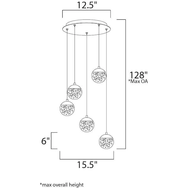 Polished chrome pendant with five clear bubble glass spheres, 15.5 inches wide