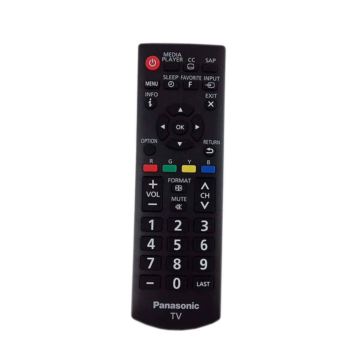 Black rectangular Panasonic universal TV remote with button layout