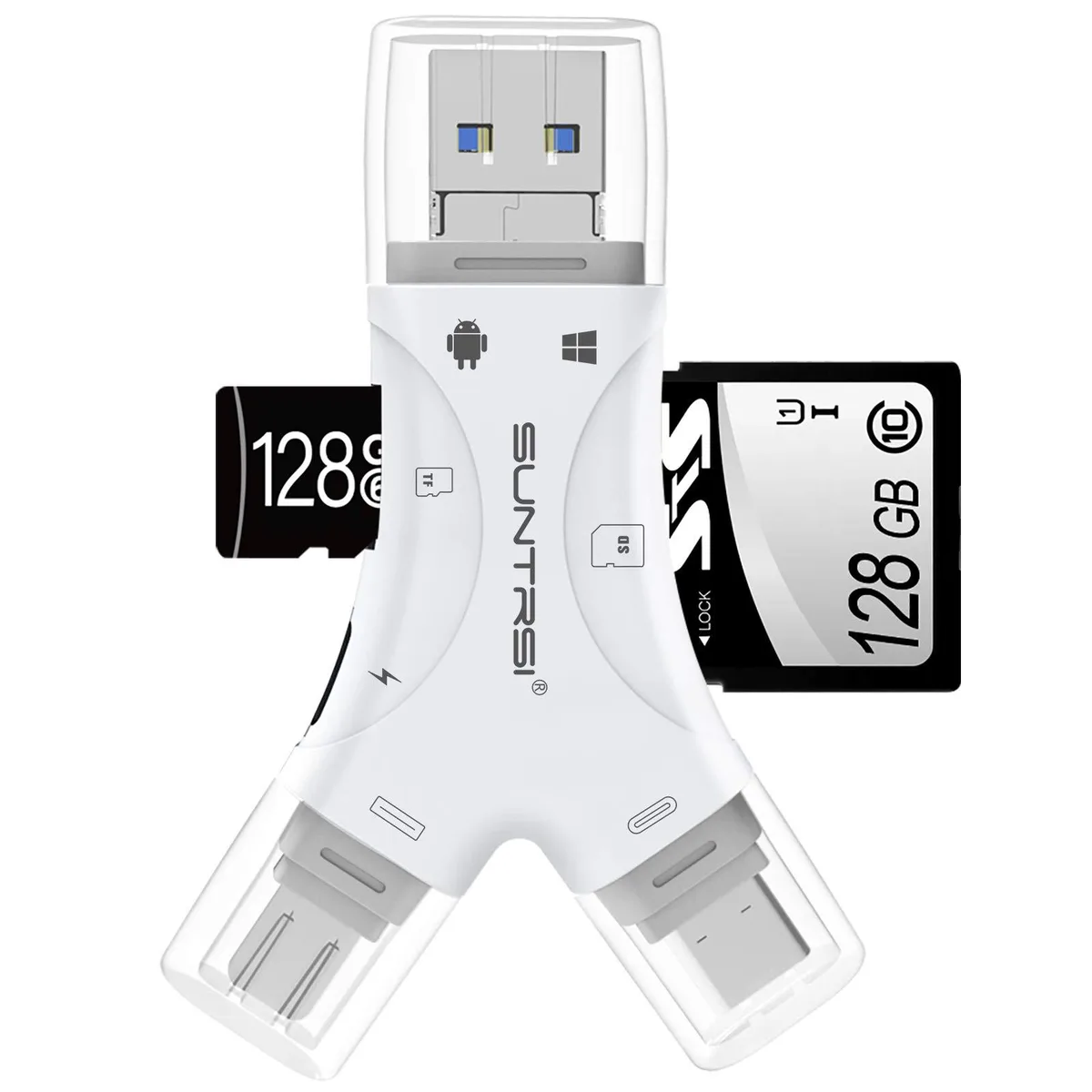 White rectangular card reader with USB, USB-C, micro-USB, SD and micro-SD slots, plus a Lightning charging port and keyring loop