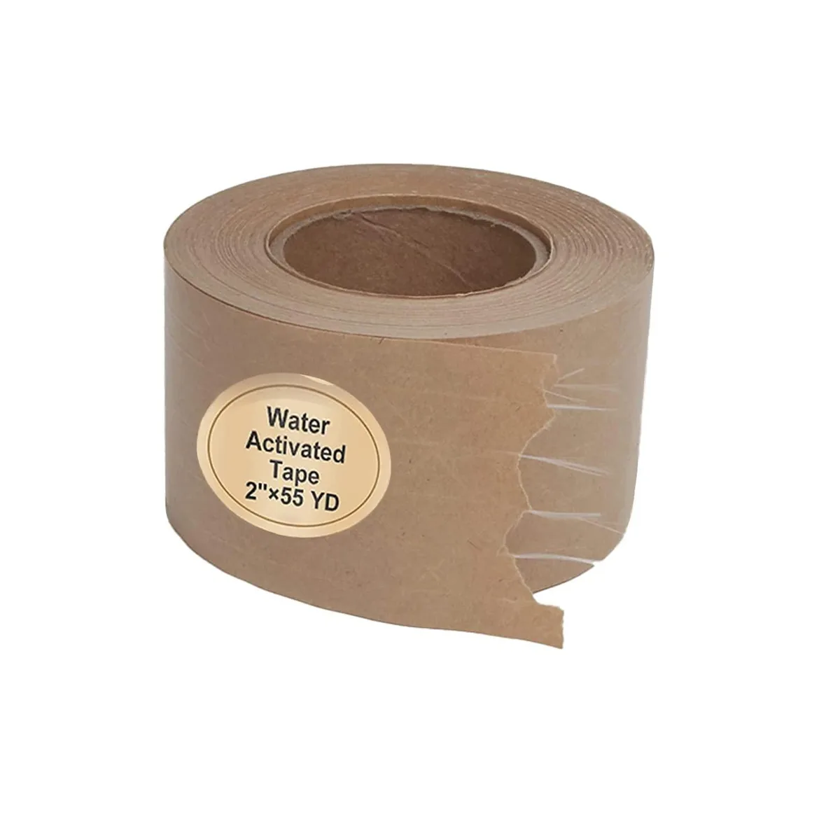 Single roll of brown kraft water-activated packing tape, fiber-reinforced, 2 inches wide by 165 feet long