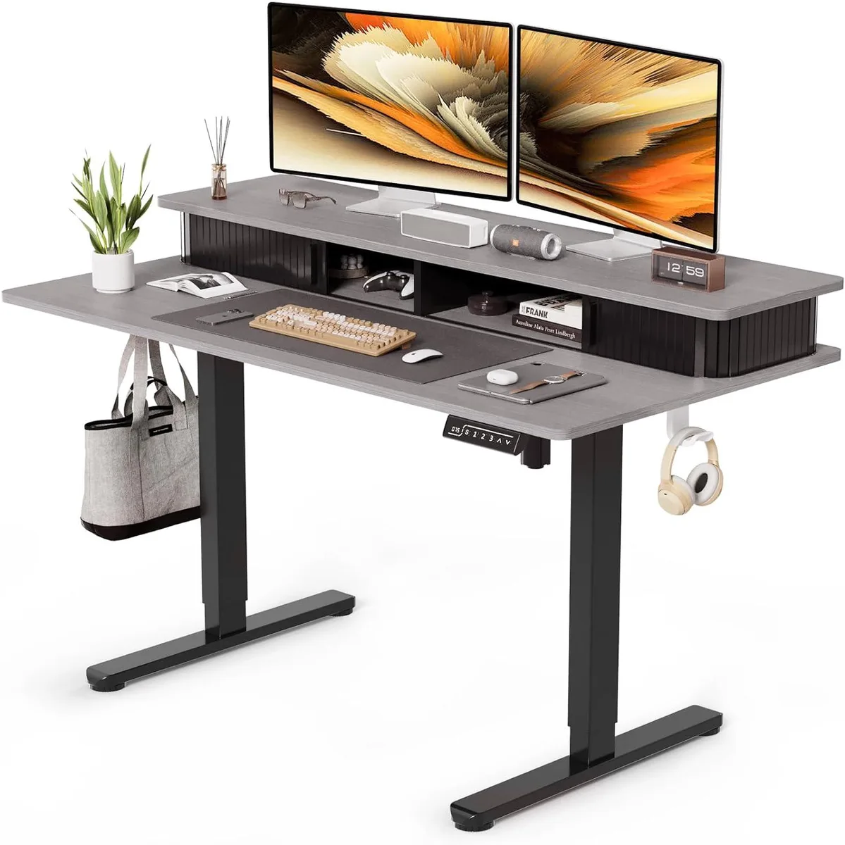 BFKK BFKK Electric Standing Desk 48 Inch Grey Desktop Black Frame with Storage Shelves Monitor Stand — product photo