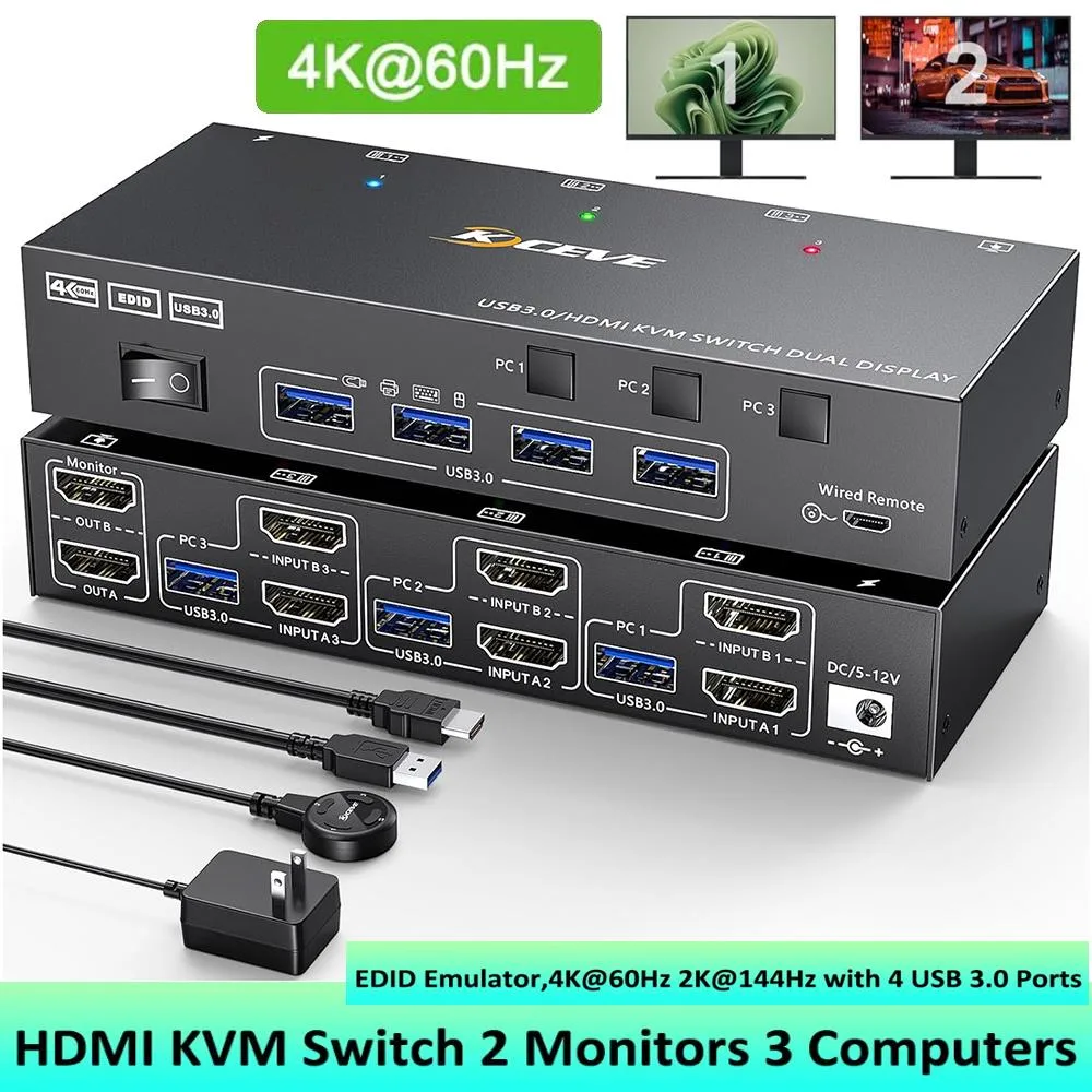 AUTYUE AUTYUE 302AS 3-Port 2-Monitor HDMI KVM Switch 4K@60Hz — product photo