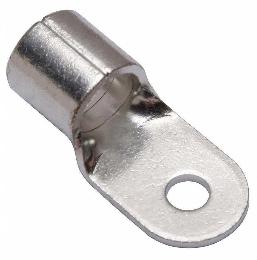 Copper compression lug, tin finish, long barrel, 5/16 in stud hole
