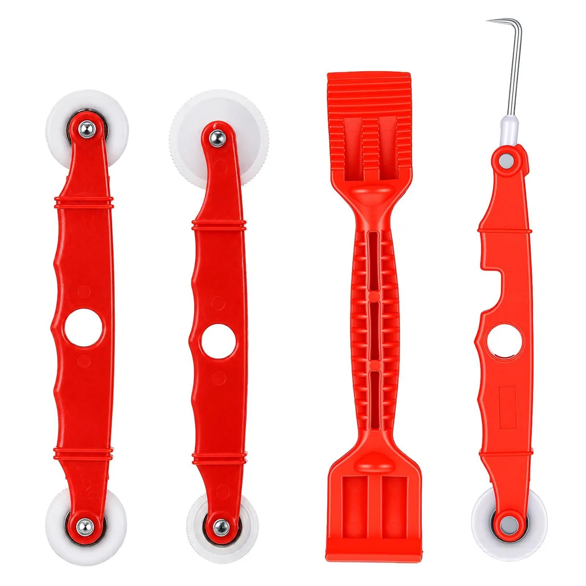 Four red screen-spline rollers in a compact kit