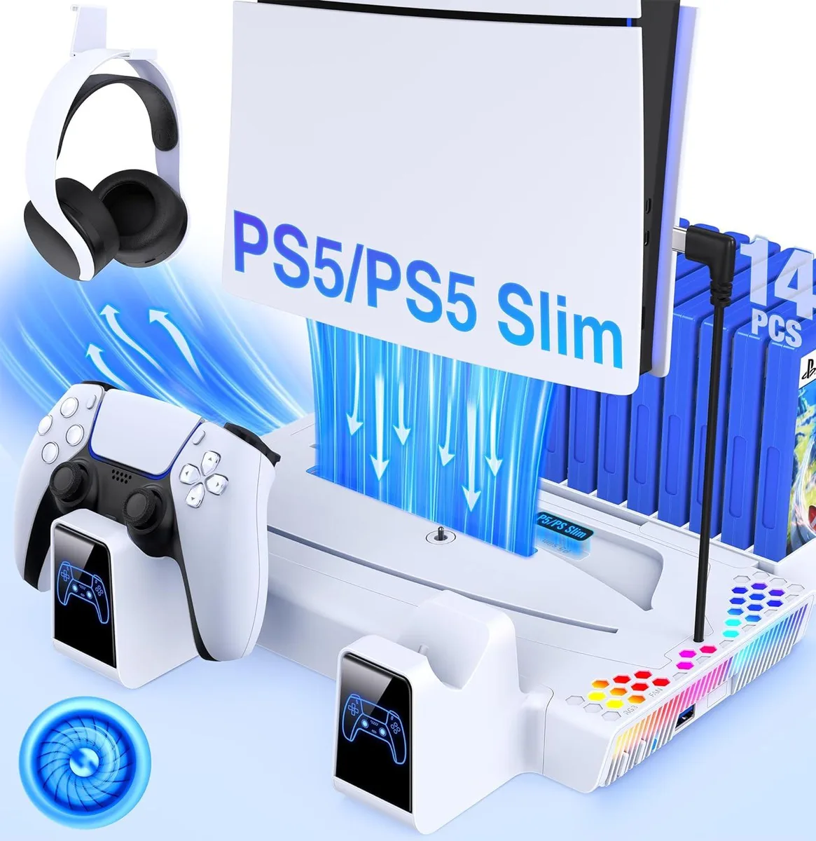 BONAEVER BONAEVER PS5/PS5 Slim Cooling Stand Charger RGB 14 Game Slot White — product photo