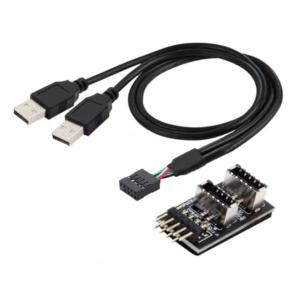 Small black adapter board with two vertical USB 3.1 Type-E ports and a short ribbon cable ending in a 9-pin