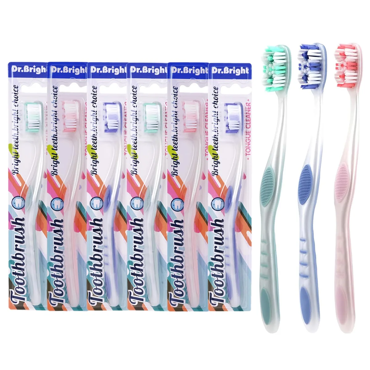Six colourful manual toothbrushes with built-in tongue scrapers and textured handles