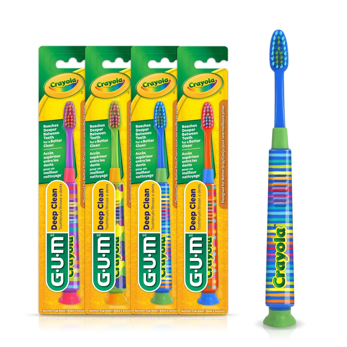 Four colourful children's manual toothbrushes with suction cup bases
