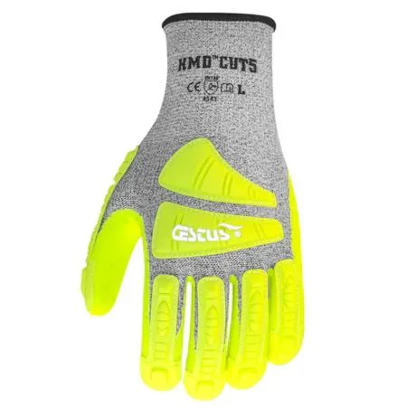 Pair of dark cut-resistant work gloves with nitrile-dipped palms and TPR impact shields on the back