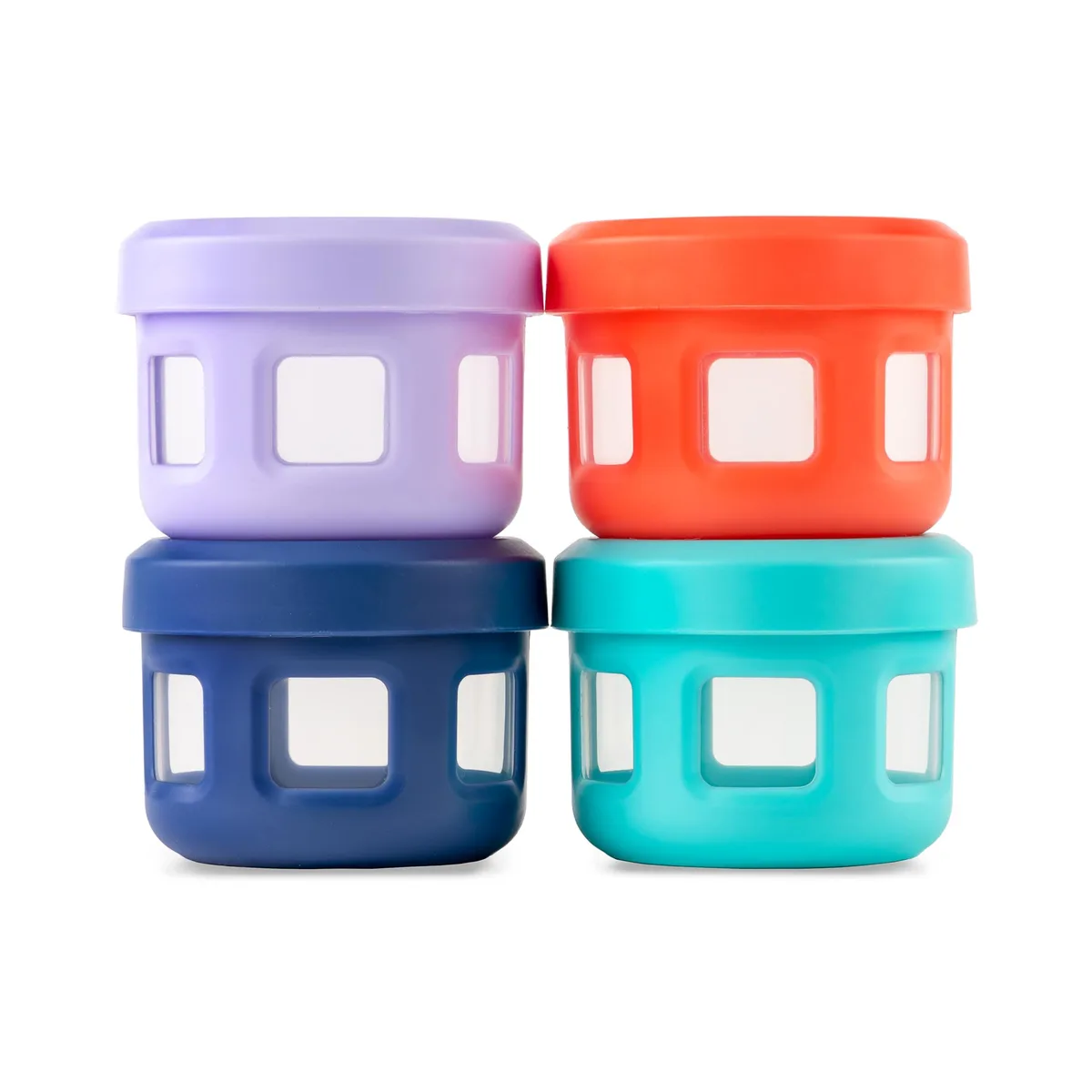 Four small round plastic jars with colourful silicone sleeves and screw-on lids
