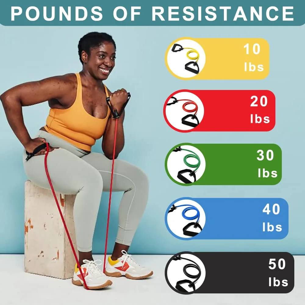 Red tubular resistance band with black handles, 20lbs, natural rubber, includes travel pouch