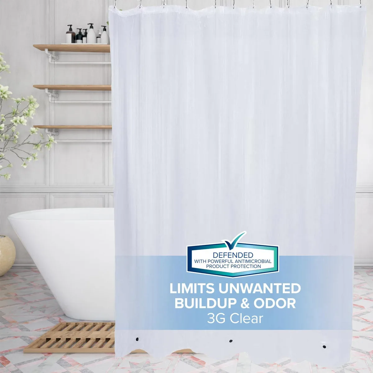 Clear rectangular shower curtain liner with twelve reinforced buttonholes and three bottom magnets