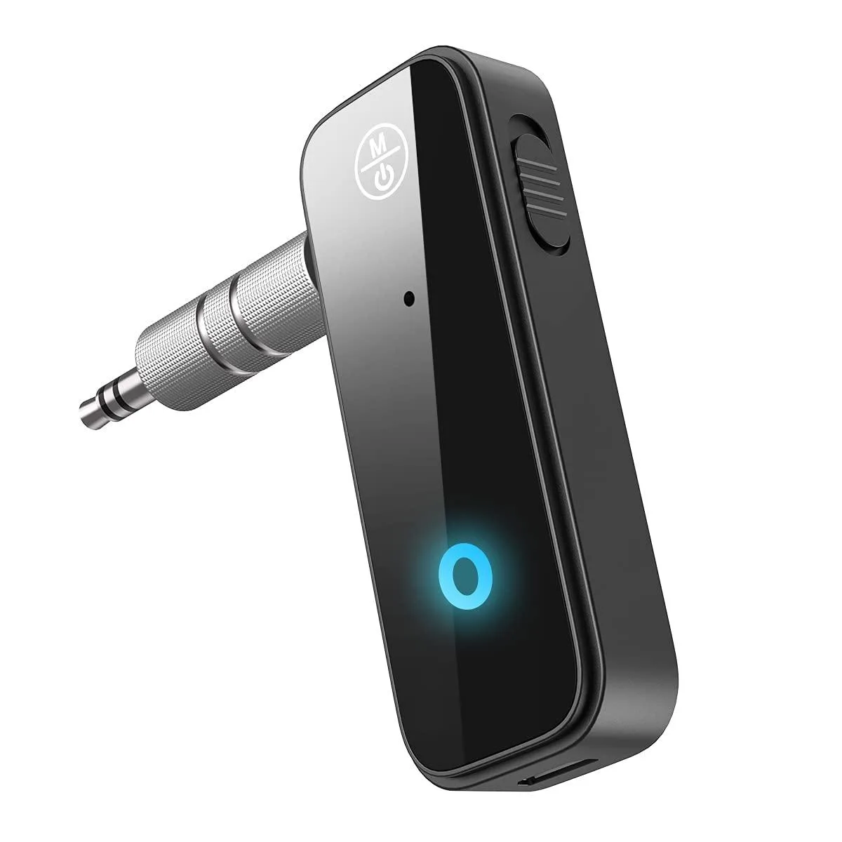 Small black plastic Bluetooth 5.4 car adapter with 3.5mm AUX plug