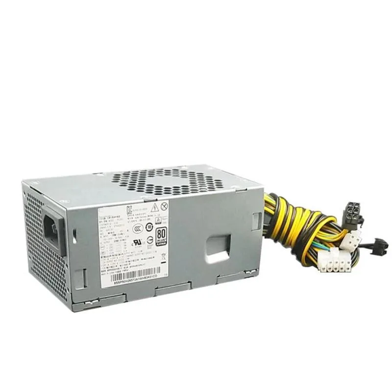 Rectangular metal power supply unit with cooling fan and cable connectors