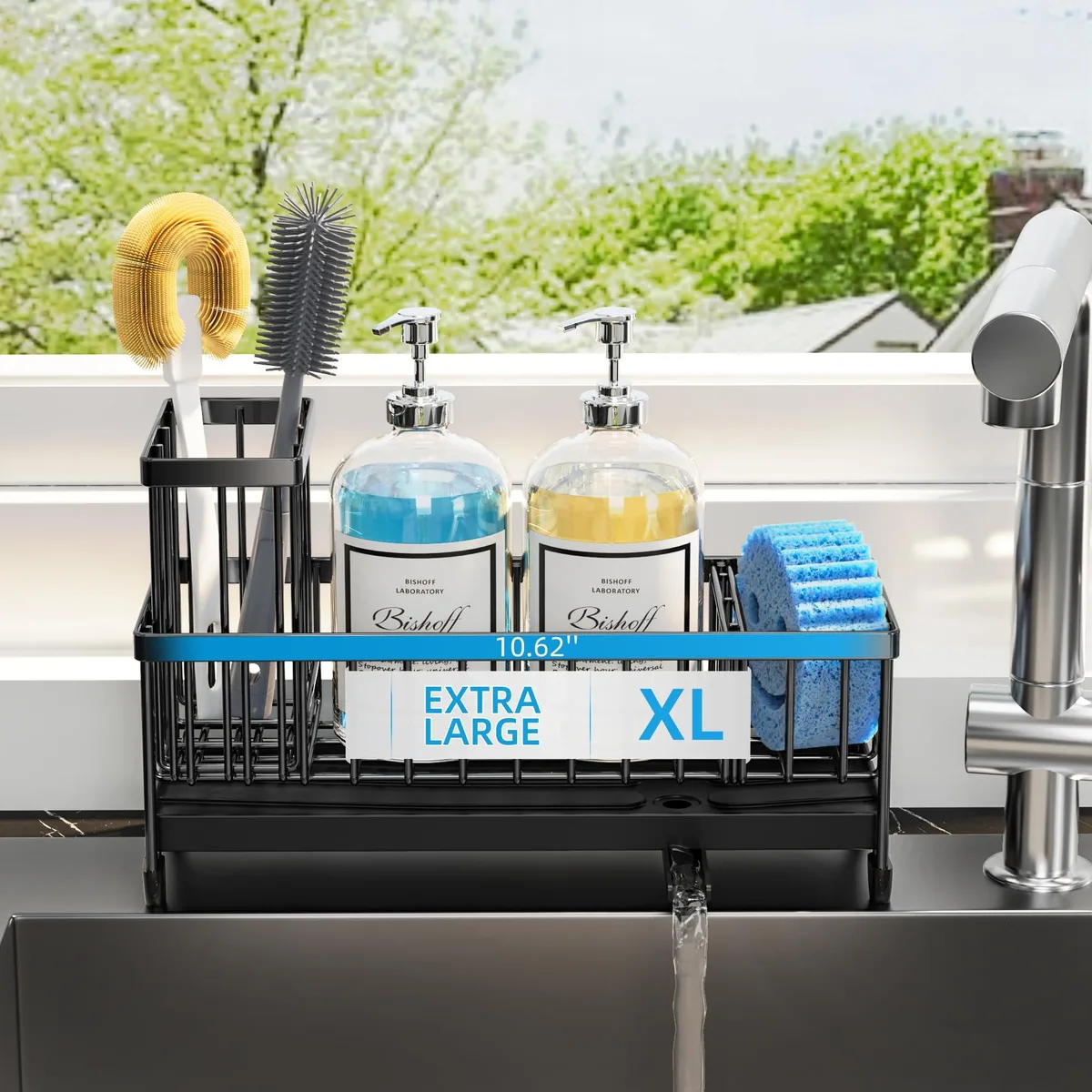 Stainless steel sink caddy 10.62 inches long with rotatable nozzle and partitioned compartments