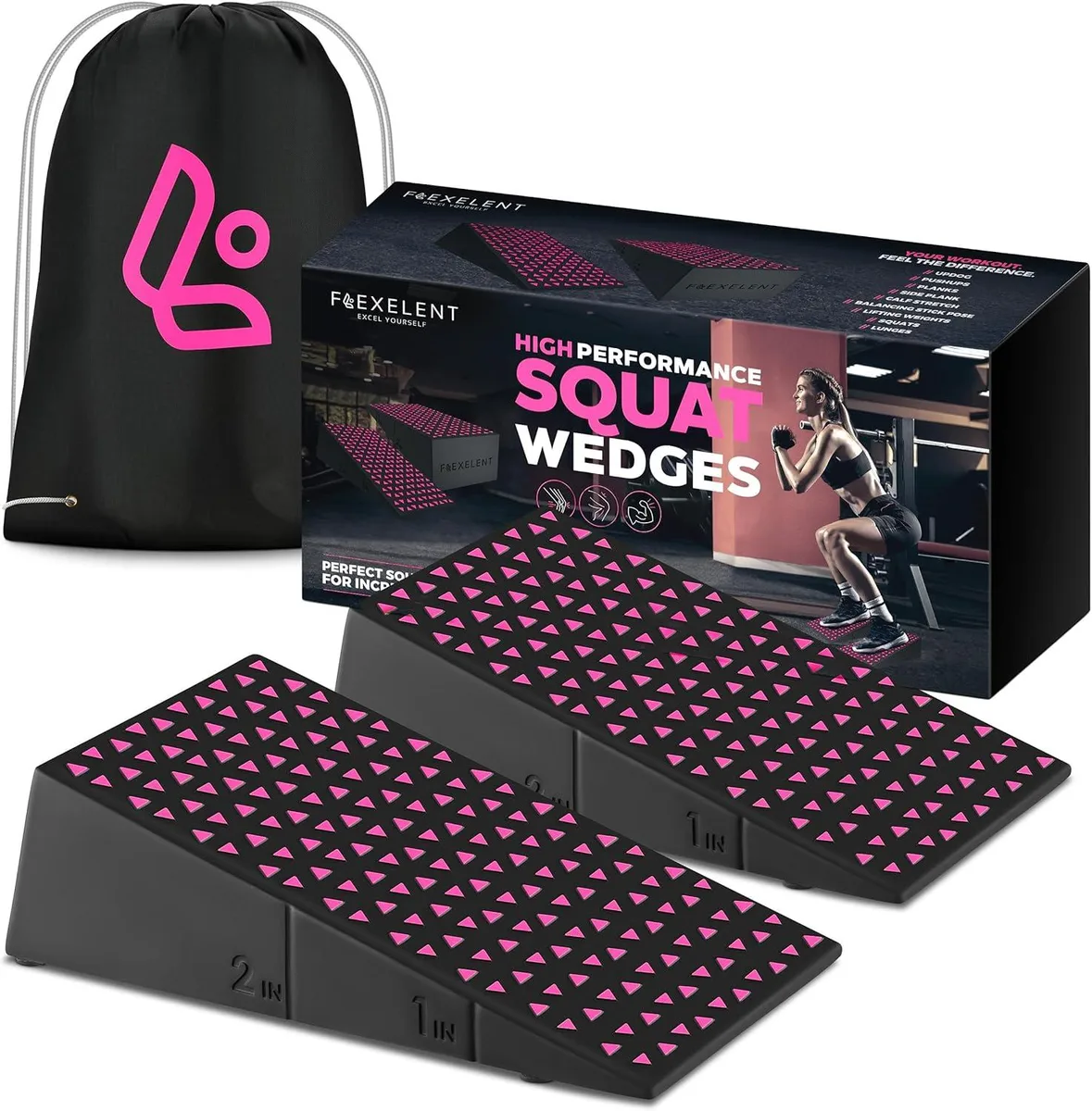 Pair of pink high-density EVA foam squat wedge blocks with 17° angle and carry backpack