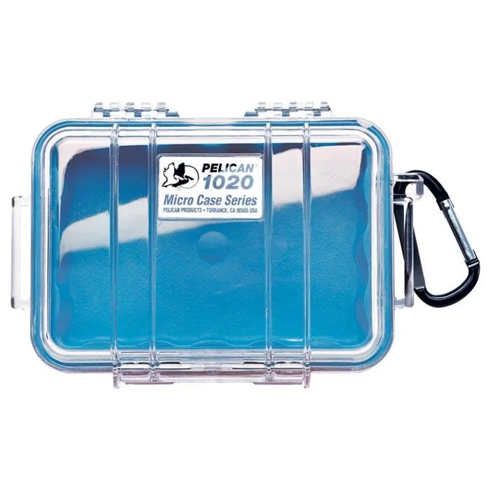 Small blue micro case with clear lid and lanyard