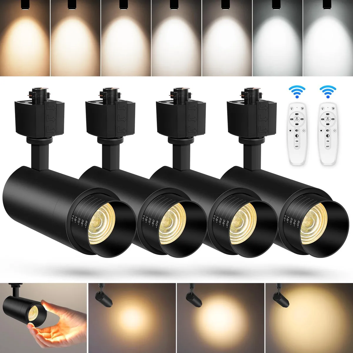 Four black cylindrical track heads with zoom lenses and remote controls