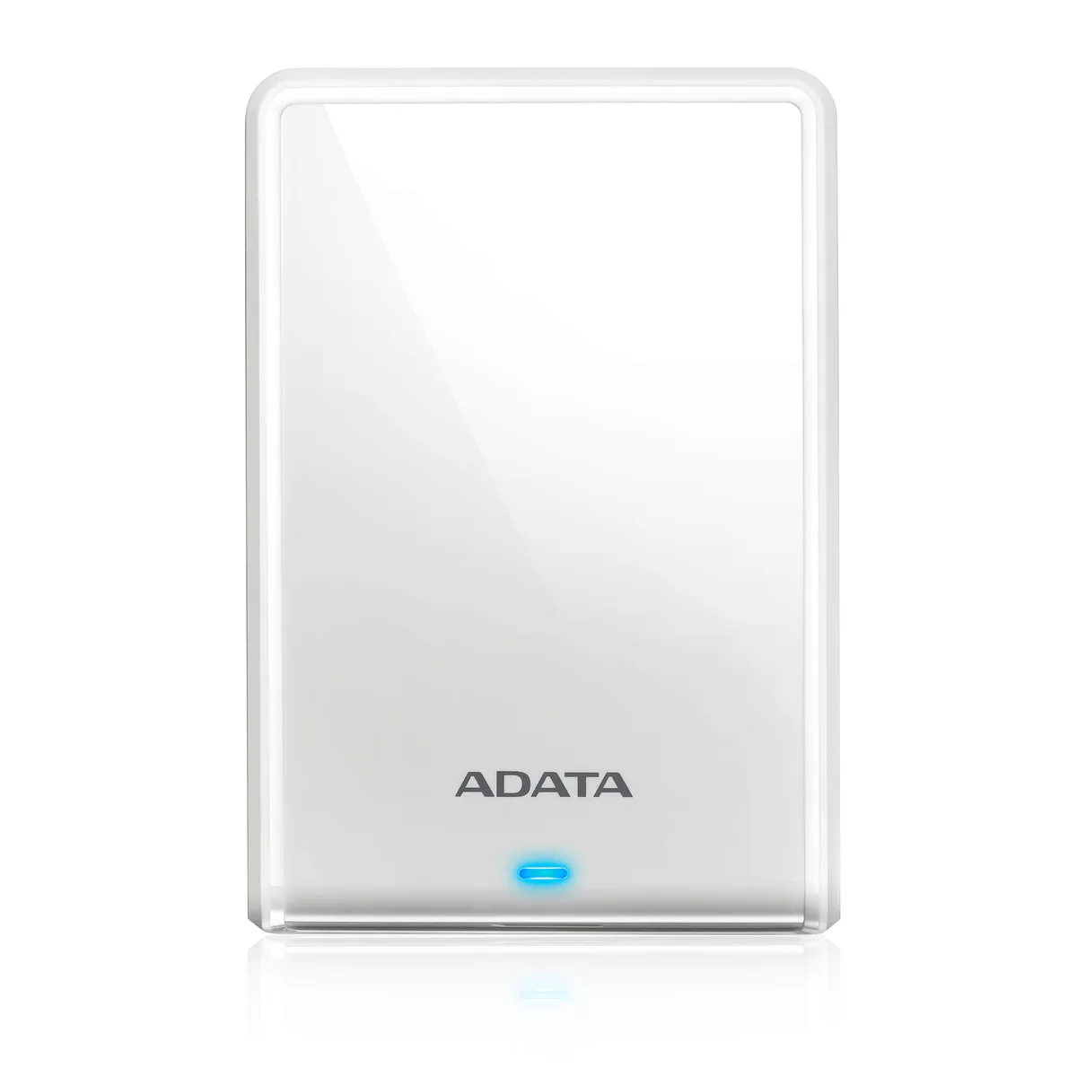 White ultra-slim portable hard drive, 11.5 mm thick with glossy finish and blue LED indicator