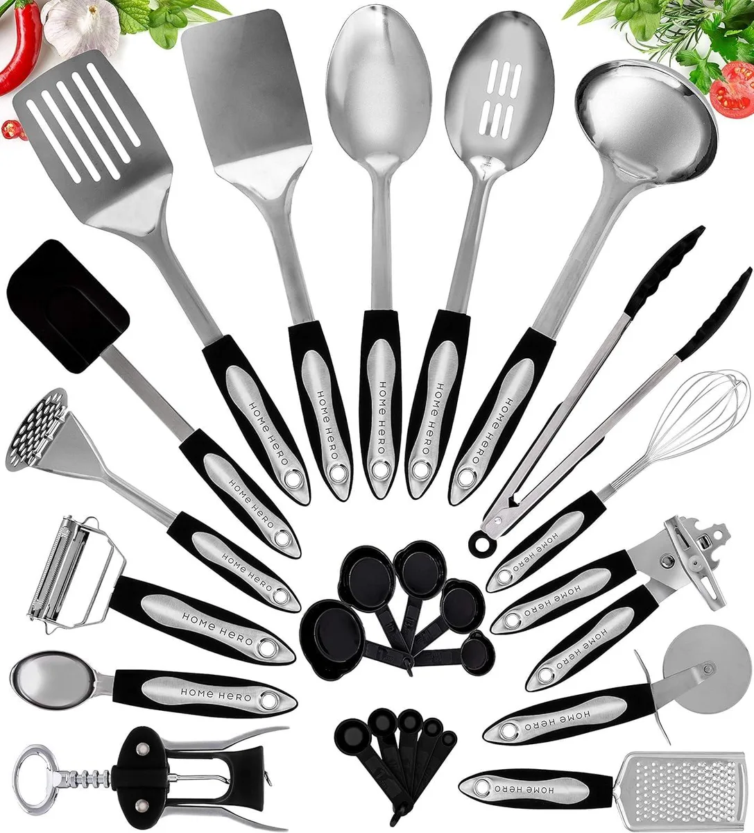 A 41-piece black silicone and stainless steel utensil set in a rectangular box